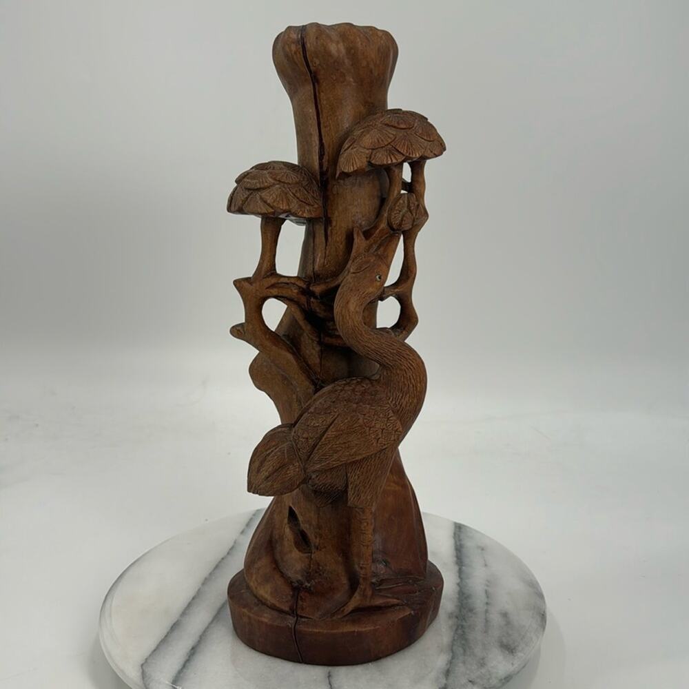 Antique Asian crane and trees wooden carved sculpture